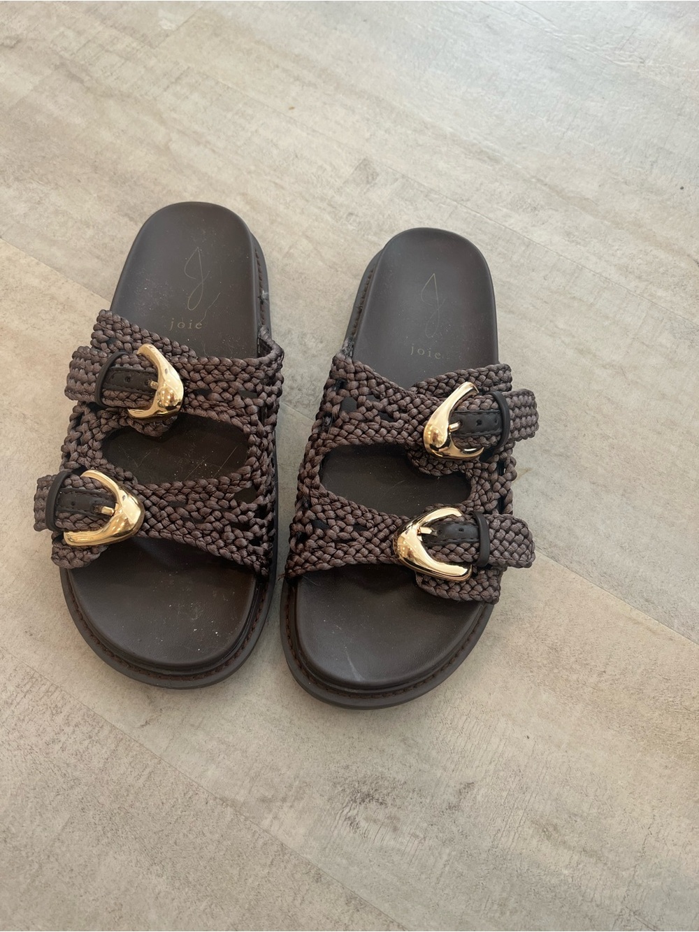 Joie Braided Double-Strap Slide Sandals in Brown with Gold Buckles
